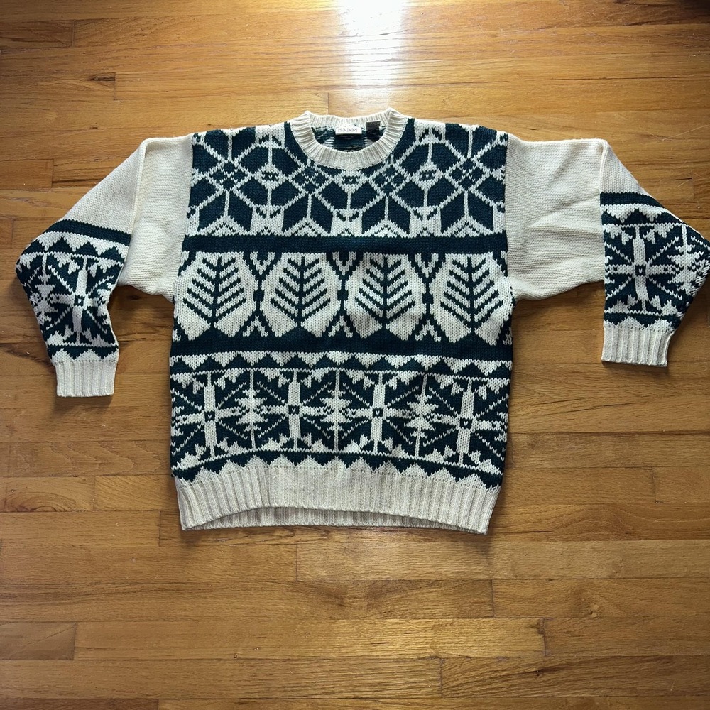Vintage‎ SKYR Sweater Mens Large Green Cream Shetland Wool Nordic Fair Isle 90s